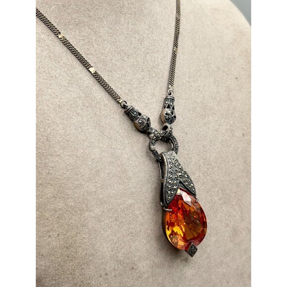 Sterling Silver Marcasite Pendant Necklace Cognac Glass Stone Removable Pendant - Picture 4 of 14